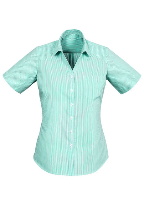 Advatex Ladies Lindsey Short Sleeve Shirt in Dynasty Green, featuring semi-fitted design, side splits, and inverted back pleat for comfort.
