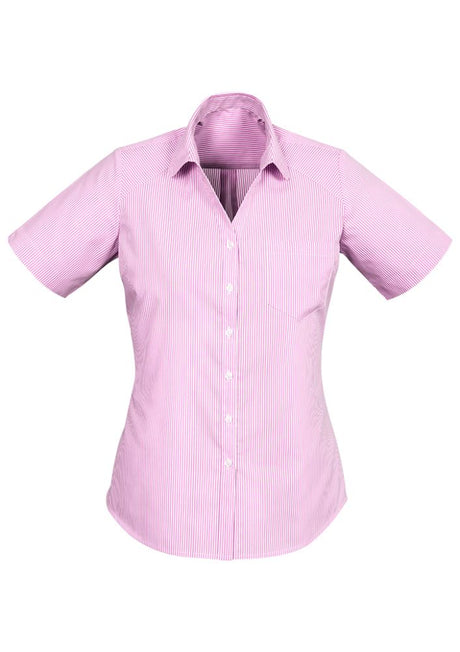 Advatex Ladies Lindsey Short Sleeve Shirt in Melon, featuring a yarn-dyed stripe design, front pocket, and side splits for comfort.