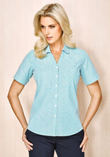 Advatex Ladies Lindsey Short Sleeve Shirt in Melon, featuring a semi-fitted silhouette, open neck, and stylish yarn-dyed stripes.