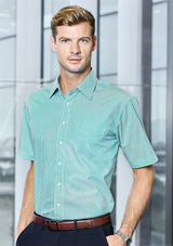 Advatex Mens Lindsey Short Sleeve Shirt in blue with yarn-dyed stripes, featuring front pocket and two action back pleats.