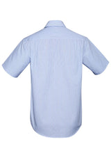 Advatex Men's Lindsey Short Sleeve Shirt in blue, featuring yarn-dyed stripes, action back pleats, and a front pocket.