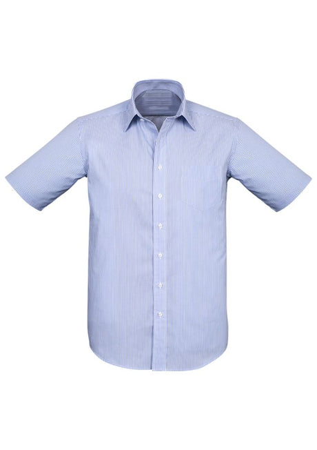 Advatex Mens Lindsey Short Sleeve Shirt in Blue, featuring a yarn-dyed stripe, two action back pleats, and a front pocket.