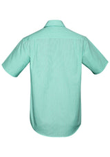 Men's Dynasty Green short sleeve shirt with yarn-dyed stripe, featuring action back pleats and front pocket for ease and style.