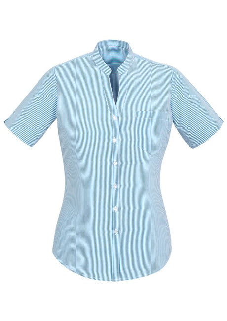 Blue semi-fitted Toni short sleeve shirt by Advatex, featuring a stand collar, stripe design, and practical front pocket.