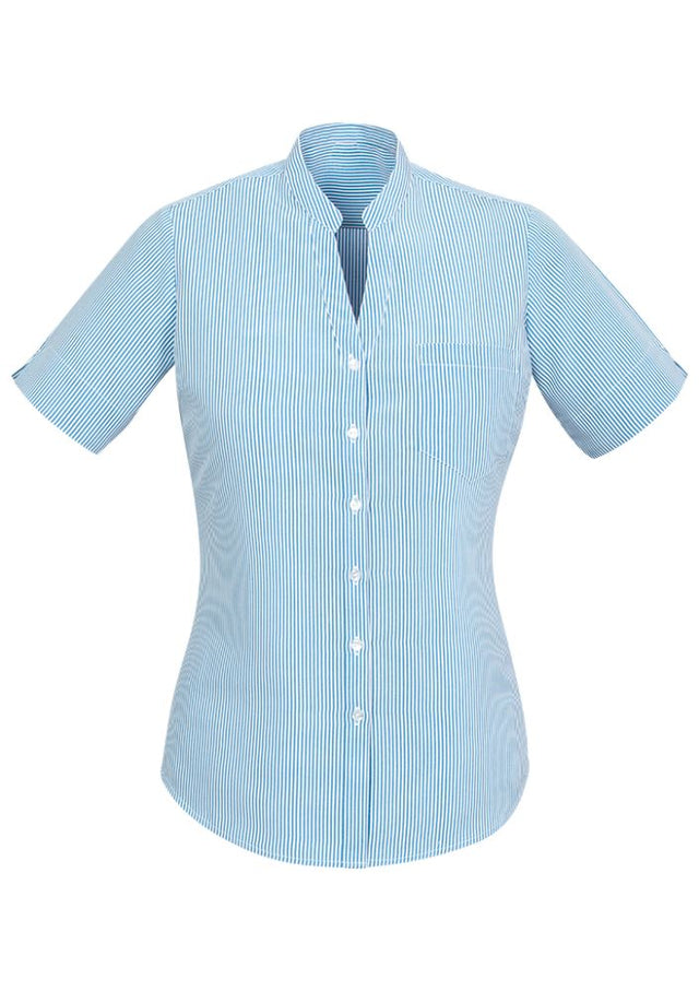 Advatex Ladies Toni Short Sleeve Shirt in blue, featuring a stand collar, inverted pleat, and front pocket, ideal for stylish versatility.