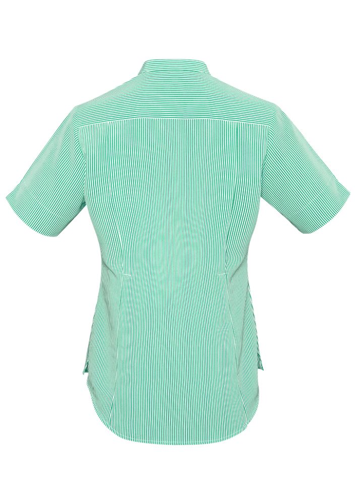 Semi-fitted Dynasty Green short sleeve shirt with stand collar, front pocket, and stylish printed stripe design.
