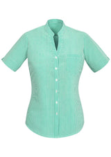 Advatex Ladies Toni Short Sleeve Shirt in Dynasty Green, featuring a stand collar, side splits, and practical front pocket.