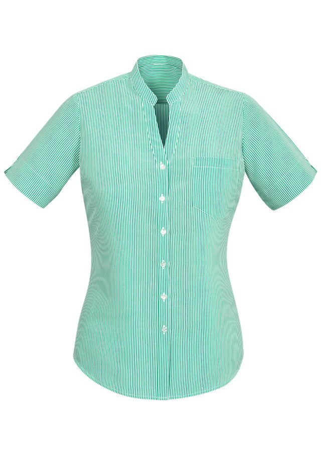 Advatex Ladies Toni Short Sleeve Shirt in Dynasty Green, featuring a stand collar, side splits, and practical front pocket.