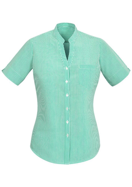 Advatex Ladies Toni Short Sleeve Shirt in Dynasty Green, featuring a stand collar, front pocket, and elegant design for versatility.