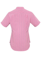 Advatex Ladies Toni Short Sleeve Shirt in melon, featuring a stand collar, inverted back pleat, and front pocket for stylish comfort.