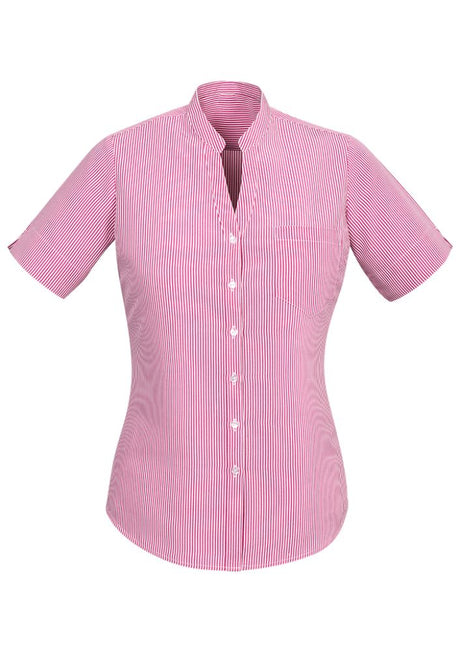 Advatex Ladies Toni Short Sleeve Shirt in Melon, featuring a stand collar, side seam splits, and a practical front pocket.