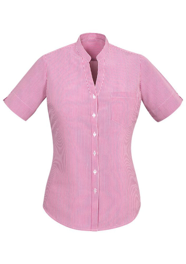 Advatex Ladies Toni Short Sleeve Shirt in Melon, featuring a stylish open neck, short sleeves, and front pocket for casual elegance.