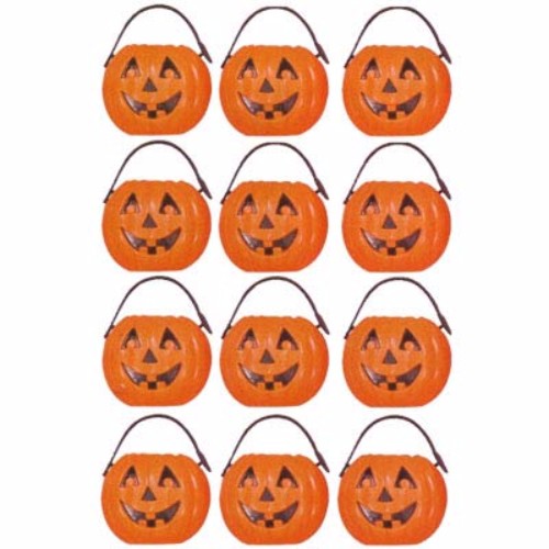 Bright orange pumpkin-shaped plastic treat pails, 6.5cm, perfect for Halloween candy collection and festive decorations. Pack of 12.