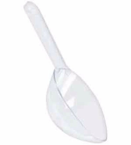 Clear plastic scoop, 16cm, ideal for measuring dry goods and pet food, BPA-free, lightweight, and easy to grip.