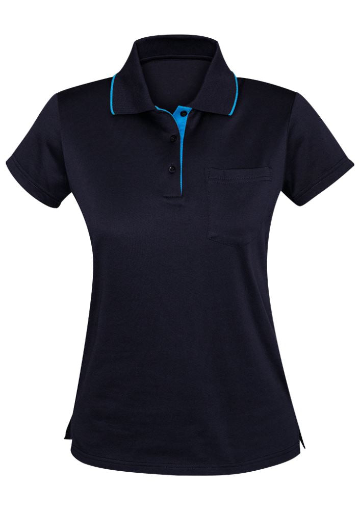 Navy/Blue Advatex Ladies Swindon Polo featuring a front pocket, crafted from a durable cotton-polyester blend for comfort.