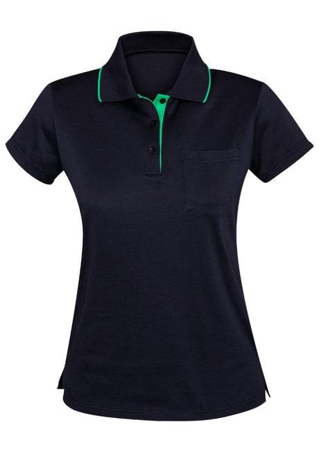 Advatex Ladies Swindon Polo in Navy/Dynasty Green with front pocket, crafted from breathable cotton-poly blend for comfort.