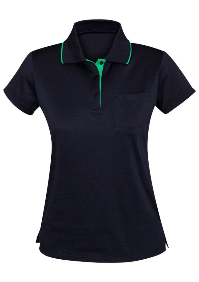 Advatex Ladies Swindon Polo in Navy/Dynasty Green, featuring a stylish design, front pocket, and comfortable cotton blend fabric.