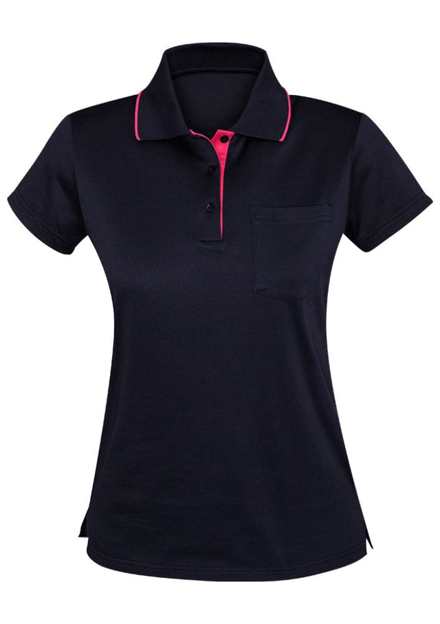 Navy and melon Advatex Ladies Swindon Polo with a front pocket, crafted from a comfortable cotton-polyester blend.