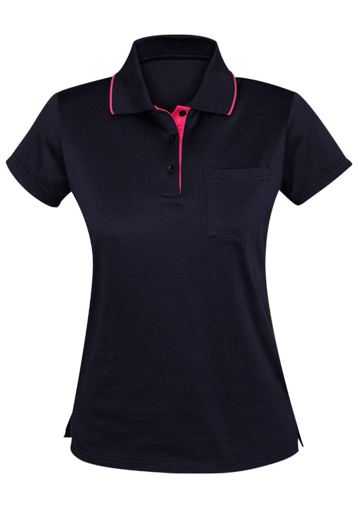 Advatex Ladies Swindon Polo in Navy/Melon, featuring a front pocket, stylish design, and a comfortable cotton blend fabric.