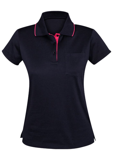 Advatex Ladies Swindon Polo in Navy/Melon, featuring a front pocket, stylish design, and a comfortable cotton blend fabric.