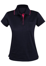 Advatex Ladies Swindon Polo in Navy and Melon, size 12, featuring a front pocket and lightweight fabric for comfort and style.