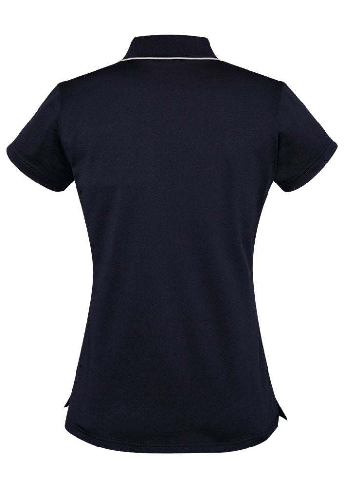 Navy and white Advatex Ladies Swindon Polo size 12 featuring a front pocket and cotton blend for comfort and style.