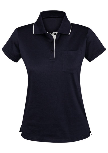 Advatex Ladies Swindon Polo in navy and white, featuring a chic front pocket and made from a soft cotton-poly blend.