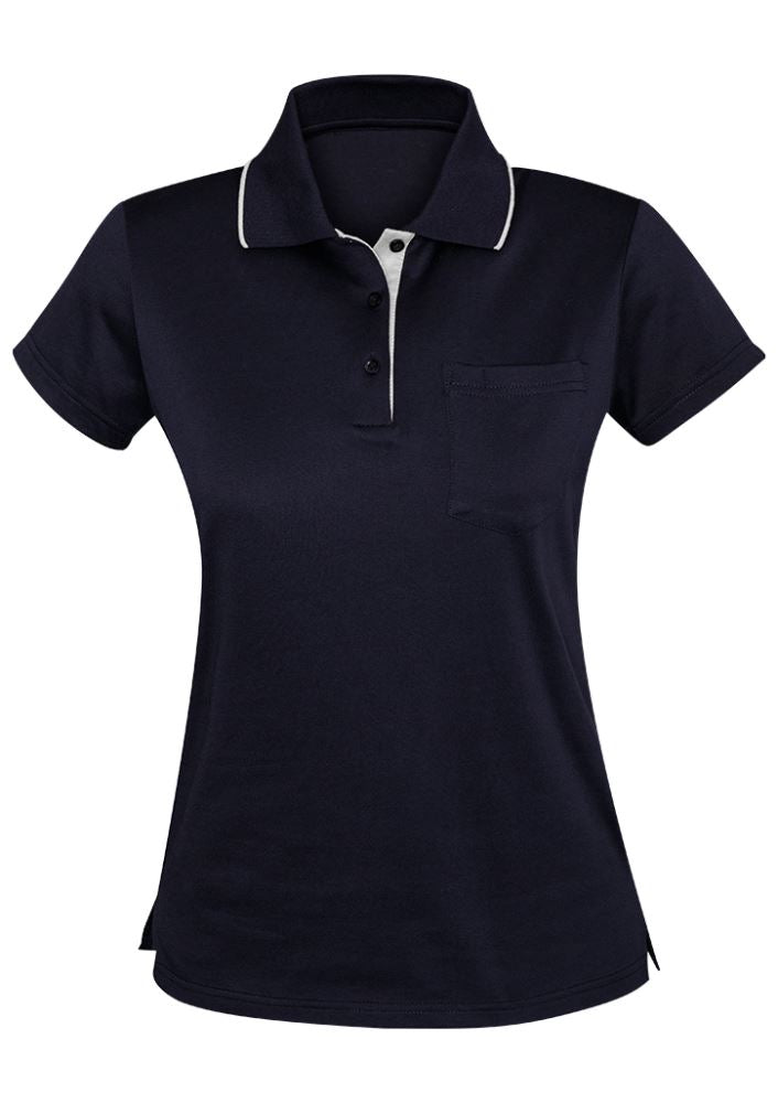 Navy and white Advatex Ladies Swindon Polo featuring a front pocket, breathable fabric, and modern fit, suitable for various occasions.
