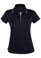 Navy and white Advatex Ladies Swindon Polo featuring a front pocket, breathable fabric, and modern fit, suitable for various occasions.