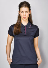 Navy and melon Advatex Ladies Swindon Polo featuring front pocket, breathable cotton blend, stylish and versatile for casual wear.