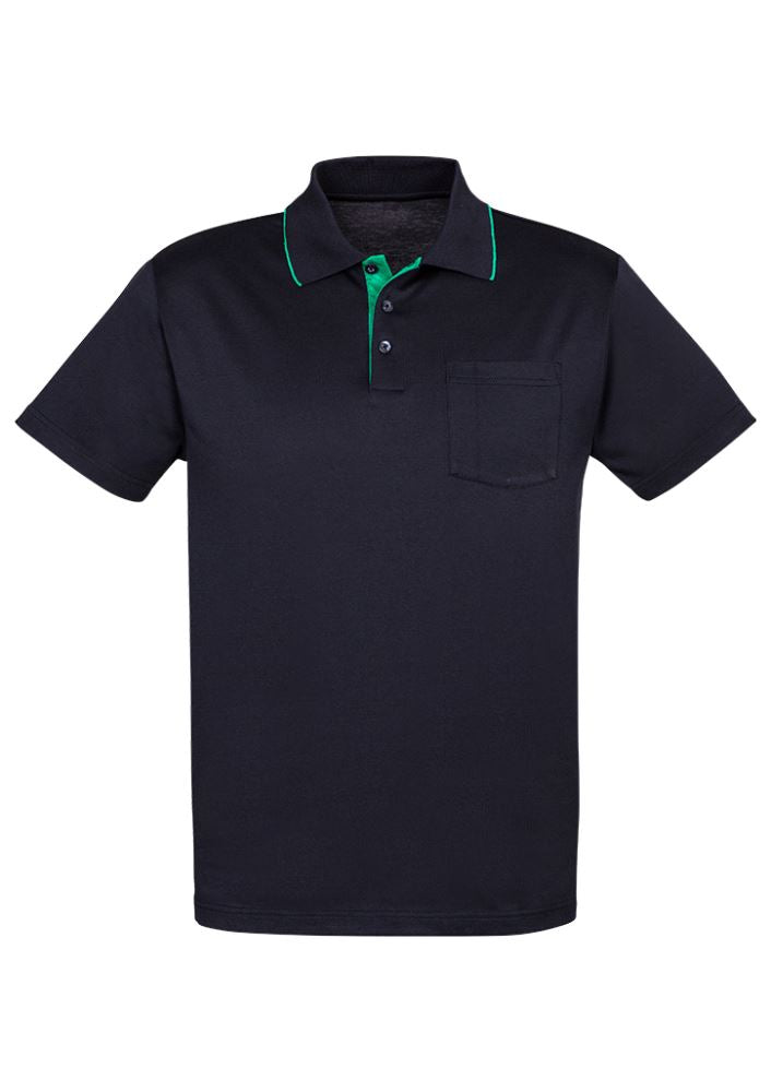 Navy/Dynasty Green Advatex Men's Swindon Polo with front pocket, crafted from a cotton-polyester blend for comfort and style.