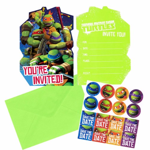 Colorful Teenage Mutant Ninja Turtle invitations featuring Leonardo, Michelangelo, Donatello, and Raphael for fun kids' parties.