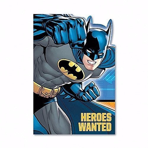 Batman Invitations pack of 8 featuring vibrant graphics, envelopes, seals, and 'Save the Date' stickers for superhero-themed parties.
