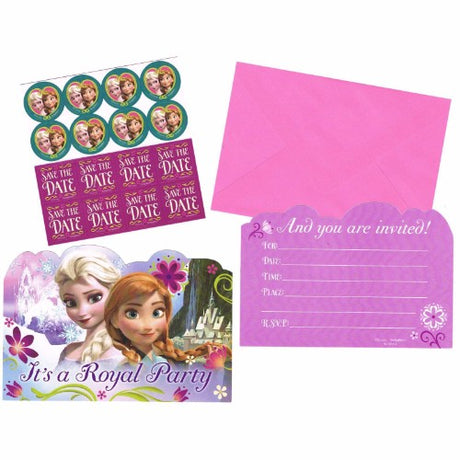 Colorful Frozen-themed party invitations and envelopes, perfect for children's birthday celebrations, with save-the-date stickers included.