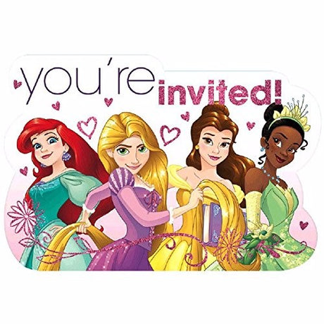 Colorful pack of 8 Princess Dream Big birthday invitations with envelopes, seals, and 'Save the Date' stickers.