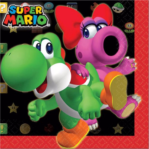 Vibrant Super Mario Brothers beverage napkins featuring Mario, Luigi, and Peach, perfect for parties and game nights. Pack of 16.