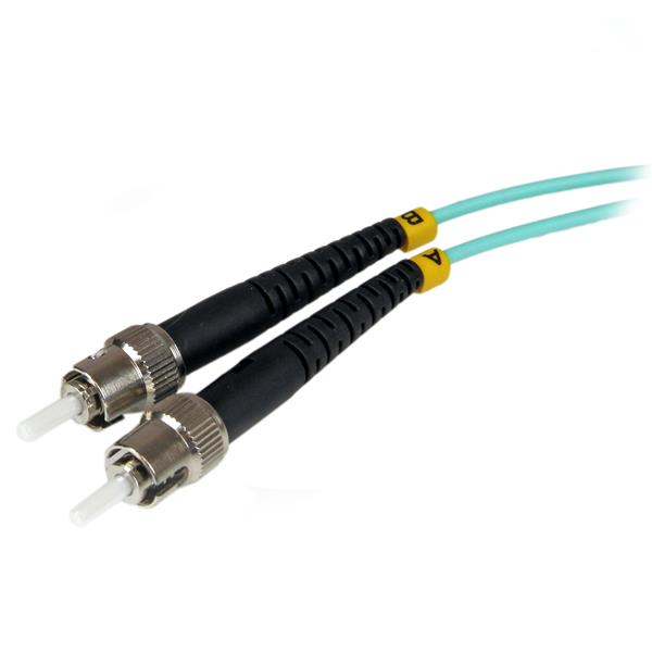 Aqua multimode fiber optic cable, 1m length, 10 Gb, ST connectors, LSZH jacket for enhanced safety and optimal data transfer.