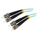 Aqua 10 Gb multimode fiber optic cable, 1 m long, ST connectors, LSZH jacket, ideal for high-speed network connections.