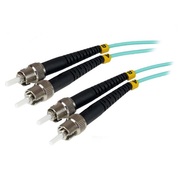 Aqua 10 Gb multimode fiber optic cable, 1 m long, ST connectors, LSZH jacket, ideal for high-speed network connections.