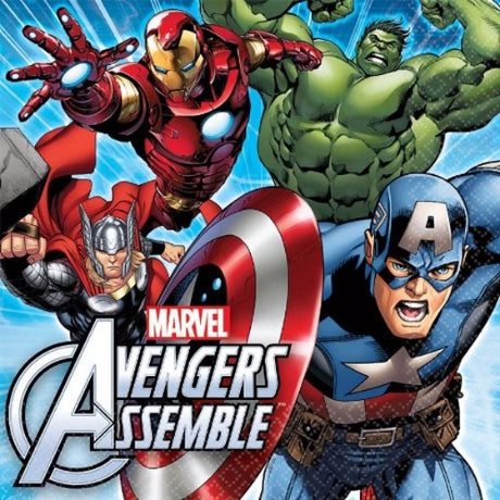 Colorful Avengers Luncheon Napkins (33cm x 33cm) in a pack of 16, perfect for superhero-themed parties and everyday meals.