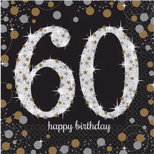 Sparkling Black 60th Birthday Lunch Napkins - Pack of 16