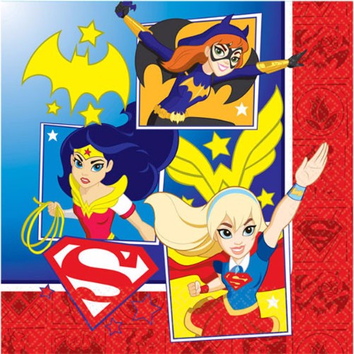 Pack of 16 vibrant Super Hero Girls napkins, 33cm x 33cm, 2-ply, perfect for action-themed birthday parties and snacks.