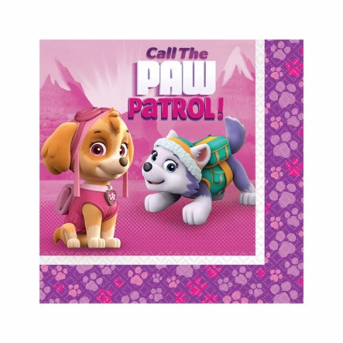 Vibrant Paw Patrol girls' luncheon napkins, 2-ply, 33cm, pack of 16, perfect for parties and handling spills.