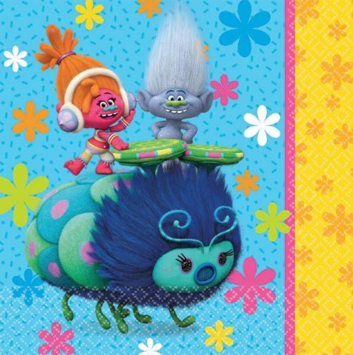 Colorful Trolls luncheon napkins featuring a fun 2-sided design, perfect for parties and celebrations, pack of 16.