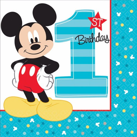 Mickey Mouse 1st birthday lunch napkins, 33cm, 2-ply, pack of 16 for festive celebrations and fun snacks.