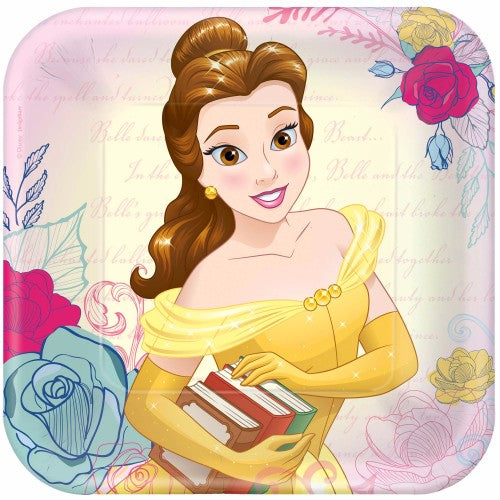 Set of 8 square Beauty & The Beast dinner plates featuring iconic scenes, perfect for themed parties and celebrations.