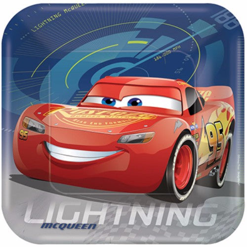 Vibrant square Cars 3 dinner plates, 23cm, pack of 8, perfect for kids' parties and celebrations featuring beloved movie characters.