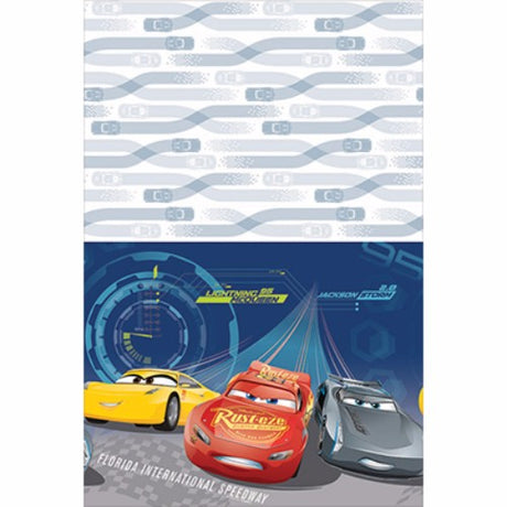 Vibrant Cars 3 plastic tablecover featuring beloved characters, perfect for kids' birthday parties and easy to clean.