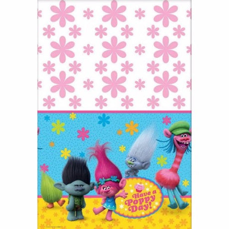 Vibrant Trolls-themed plastic tablecover featuring beloved characters, perfect for parties and easy to clean.