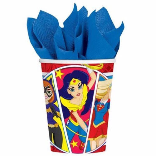 Colorful Super Hero Girls paper cups, 266ml, pack of 8, perfect for parties and inspiring young imaginations.